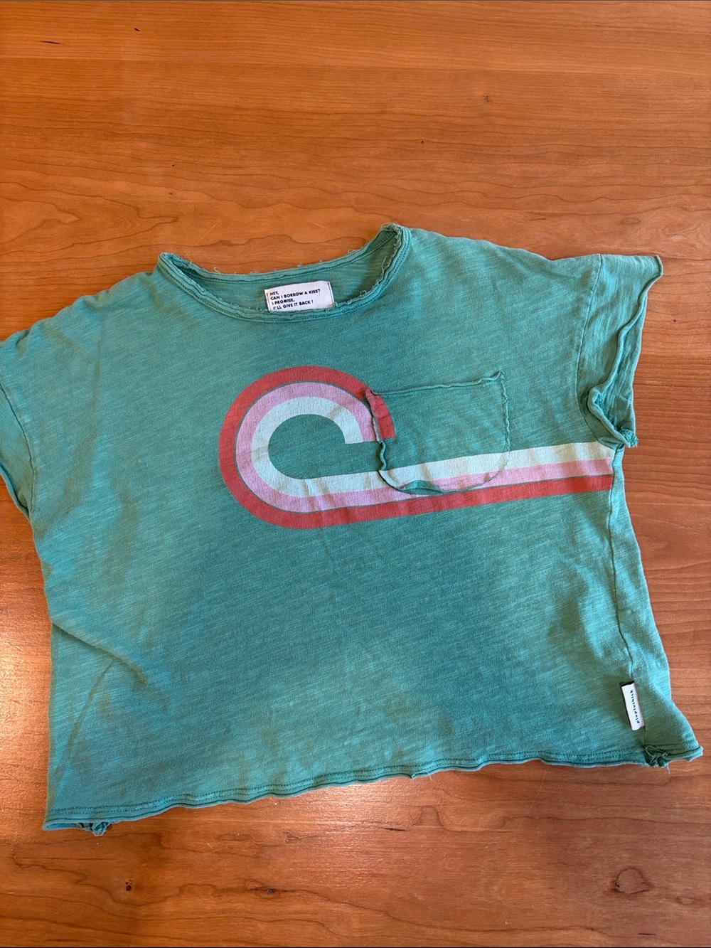 Kids Short Sleeve Graphic Tee in Teal with Retro Stripe Pocket